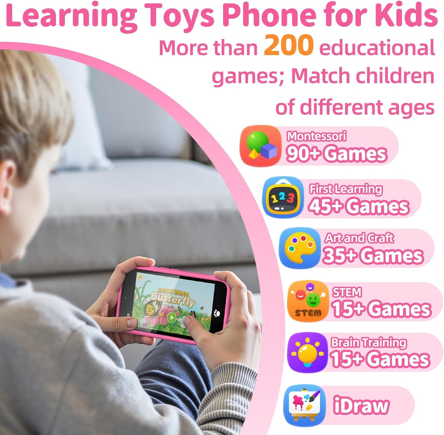 MOMILLA Kids Smart Phone Toys for Girls, 3.97” Touchscreen, Dual Cameras with Stickers, 200+ Games & 16GB Storage, Christmas Birthday Gifts for Kids Age 3-10, Educational Mini Toddler Play Phone Toy