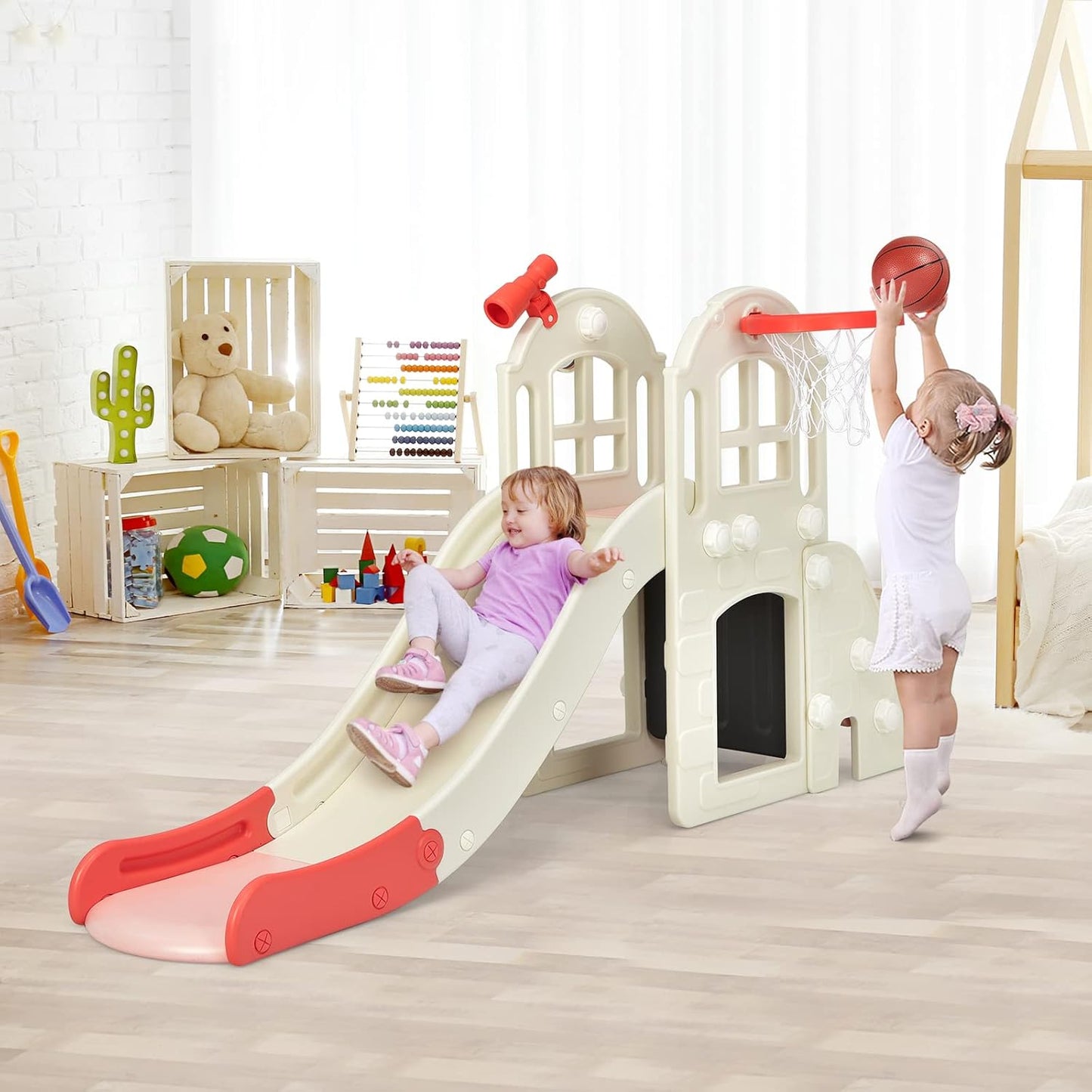 BABY JOY Toddler Slide, 6-in-1 Indoor Kids Slide Playset with Basketball Hoop, Telescope, Climbing Ladder & Storage Space, Freestanding Playhouse & Climber for Kids Aged 1-3 (Pink)
