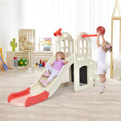 BABY JOY Toddler Slide, 6-in-1 Indoor Kids Slide Playset with Basketball Hoop, Telescope, Climbing Ladder & Storage Space, Freestanding Playhouse & Climber for Kids Aged 1-3 (Pink)
