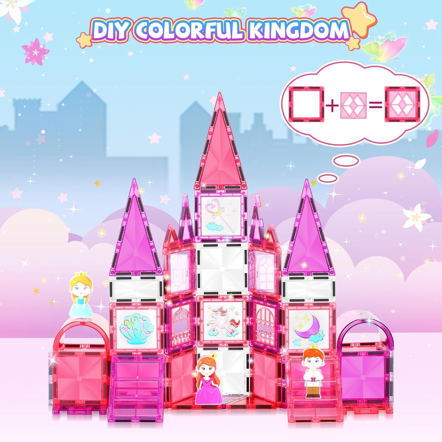 101PCS Magnetic Blocks Set Including Cars and Accessories, Princess Magnet Building Tiles Sets, Castle Magnet Blocks STEM Toys for Girls Kids Ages 3 4 5 6 7 8 9+ Year Old