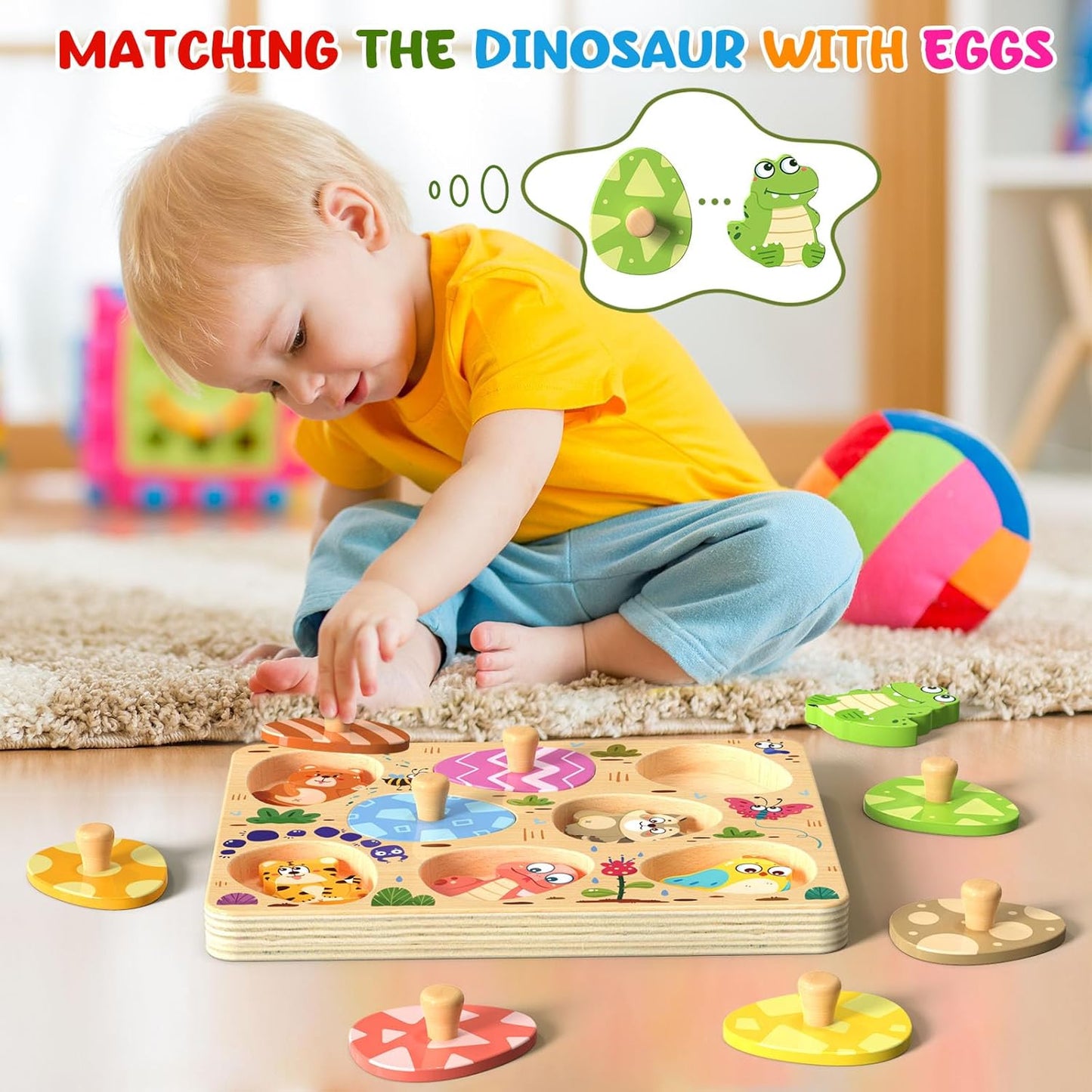 Zeoddler Wooden Puzzles for Toddlers, 8 Pcs Dinosaur Matching Egg Puzzle, Montessori Toys for Boy Girl Easter Birthday Gifts, Preschool Learning Activities & Educational Toys for Boys, Girls