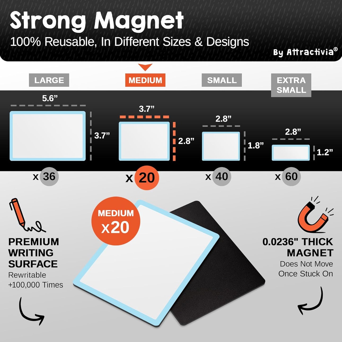 Attractivia Dry Erase Magnetic Labels 7.3 x 5.6 in, Dry Erase Magnets, 20-Pack, White Erasable Write-On All-Purpose Labels, for Office, Education, Home, Whiteboard