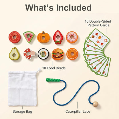 Wooden Caterpillar Lacing Toy, 10 Fruit and Vegetable Threading Beads with 10 Double-Sided Pattern Cards, Montessori Fine Motor Toy for Toddlers 3+ Preschool Learning Gift