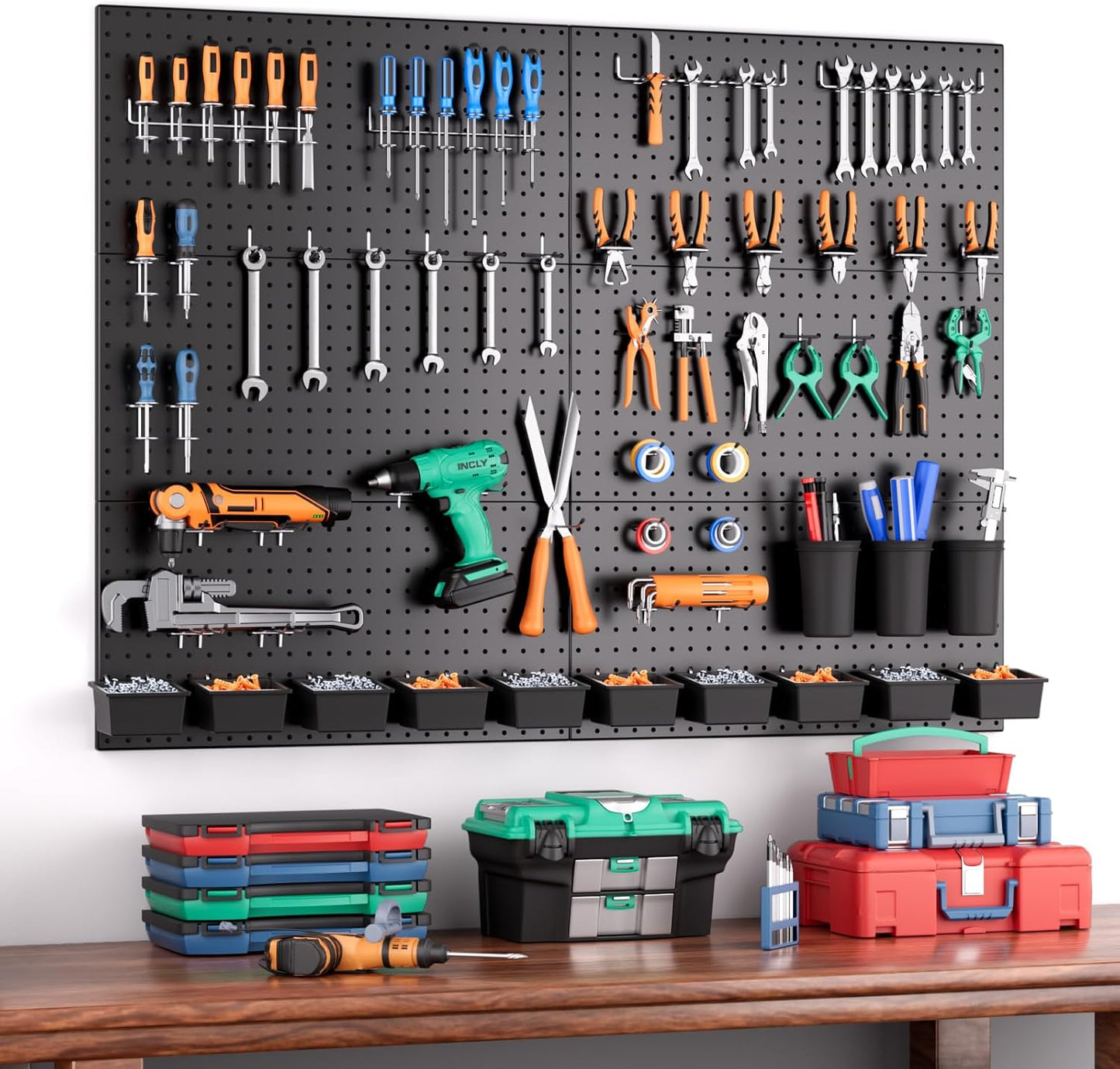 INCLY 158PCS Metal Pegboard Wall Organizer, 48x24 Inch White Pegboard Panels Tool Organizer Kit with Accessories Hooks and Bins, Peg Board Utility Tool Storage for Garage Workbench Shed