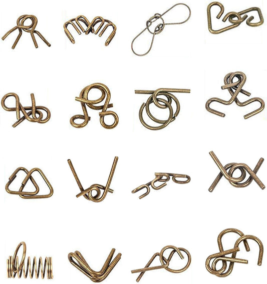 Ahyuan Metal Wire Puzzles Set of 16 with Pouch Large Thick IQ Test Mind Games Toys Brain Teaser Puzzles Metal Wire Magic Trick Toy Metals IQ Puzzle Fidget Toys Party Favors for Kids Adults (Bronze)