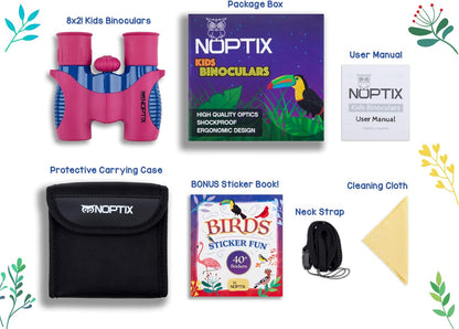 Binoculars for Kids, Girls or Boys Real Kids Binoculars in Vibrant Green Blue - Includes Sticker Book with 40 Bird Species - Small Toys for Toddlers