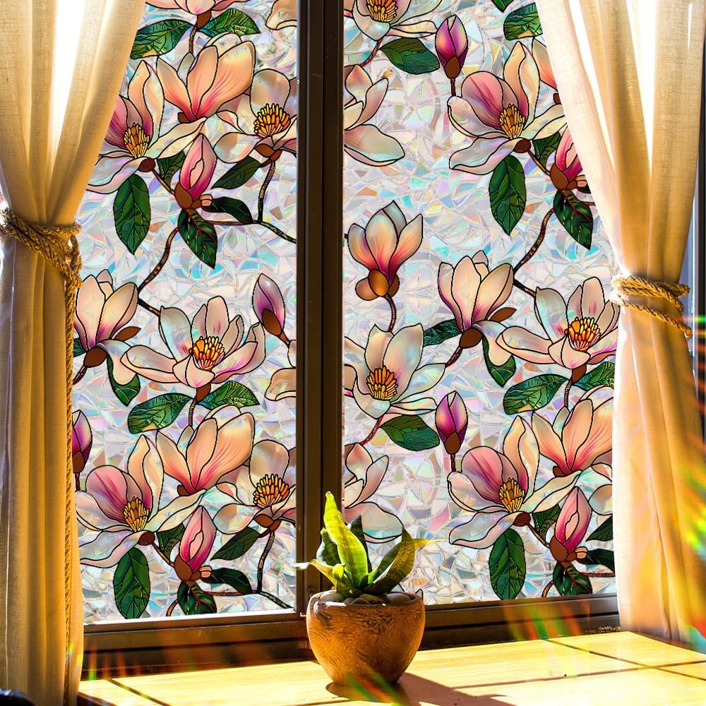 Flower Stained Glass Window Film Decorative Static Cling Stickers Sun Blocking Privacy Decals for Home Car White Lily