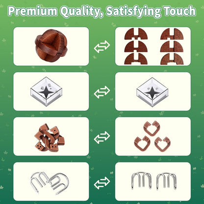 TAHAVICE 24 PCS Brain Teaser Puzzles Set, Wooden & Metal 3D Unlock Interlock Game, Kongming Luban Lock Wire Disentanglement IQ Puzzle, Logic Challenge Educational Gift for Adults Teens Kids