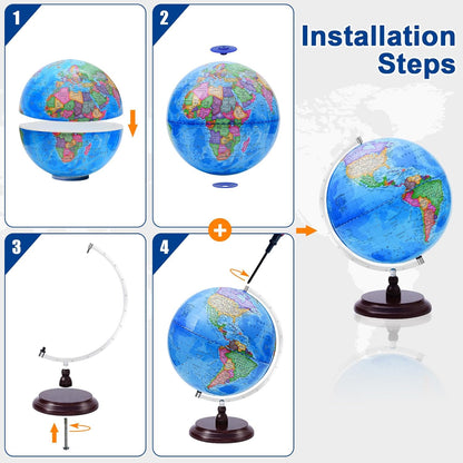 World Globe for Kids Learning, 8 inch Interactive Spinning Earth Globe for Children with Stand, Self-Assembled World Globes for Educational Geography Decorative Kids Room, Classroom, Adults Office