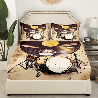 Feelyou Drum Kit Bed Sheets Musical Instruments Fitted Sheet for Kids Boys Teens Classical Rock Music Bedding Set Vinyl Record Sheets Set Bedroom Collection 2Pcs Twin Size,No Flat Sheet