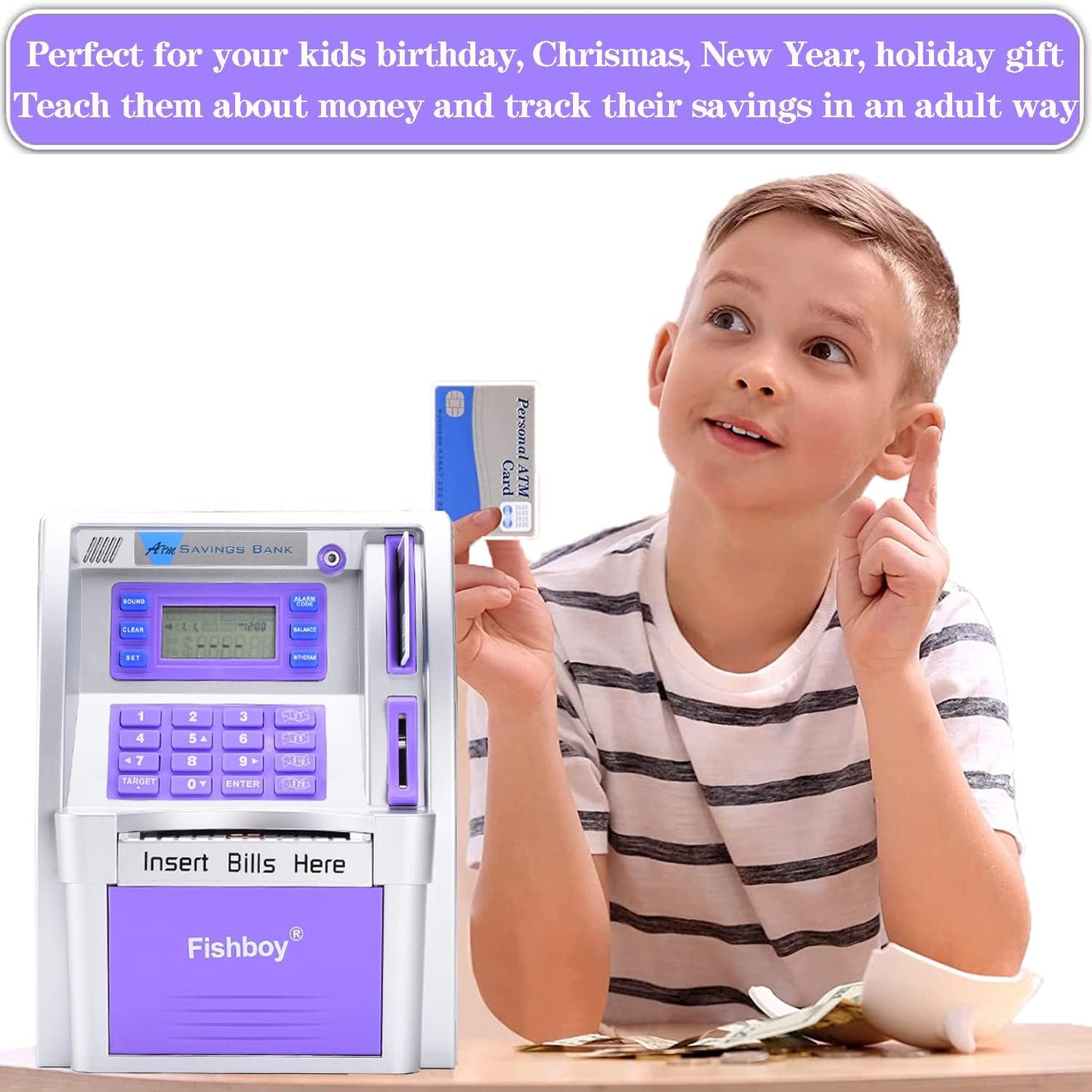 Fishboy Talking Pink ATM Piggy Bank for Kids with Dual Debit Cards, Power-Off Memory, Auto-Opening Drawer for Real Money for Girls, Onekey Shutdown, Bill Feeder, Coin Recognition, Balance Calculator