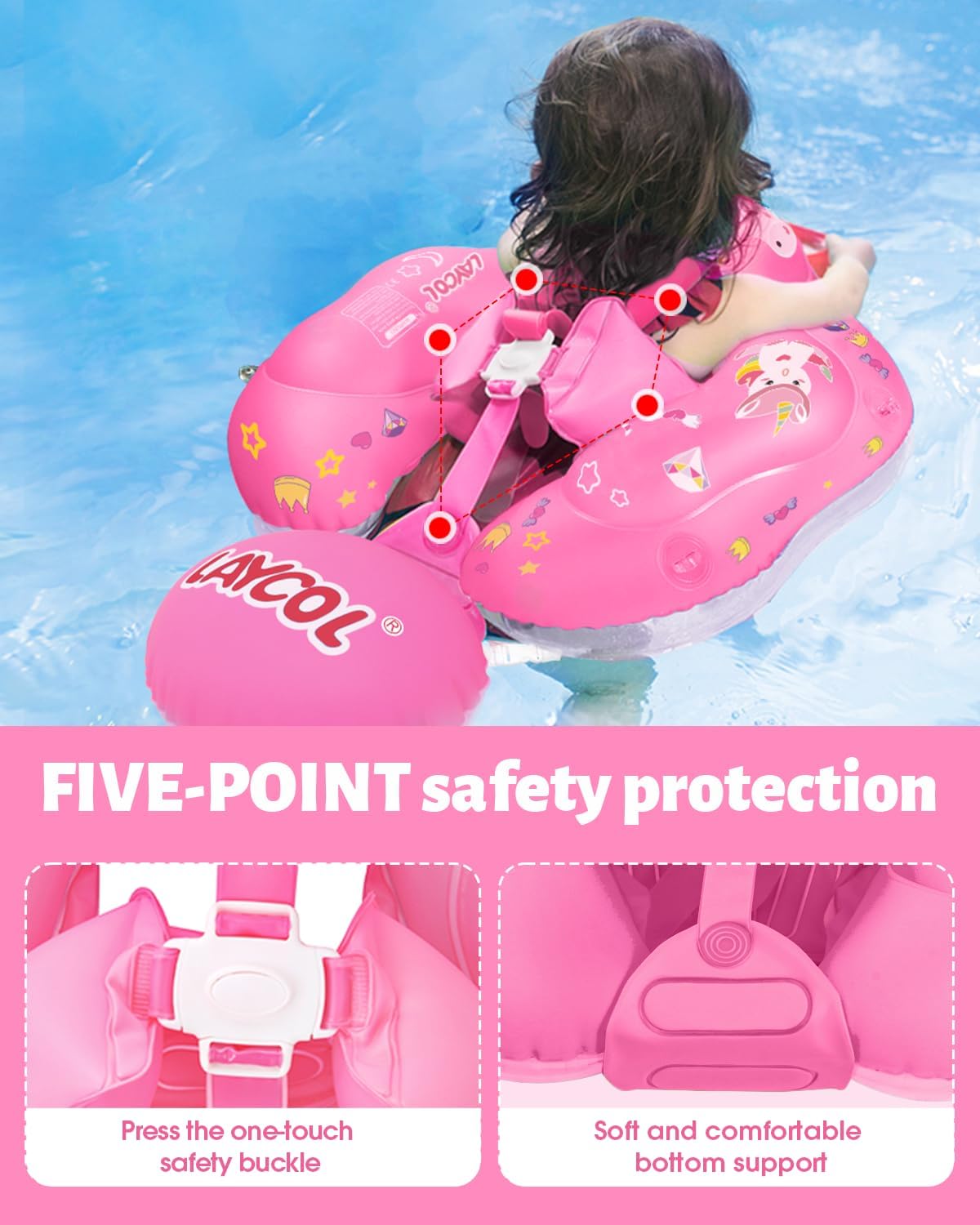 LAYCOL Baby Pool Float with Canopy UPF50+, 5 Point Safety Buckle No Flip Over, Inflatable Toddler Floaties Infant Pool Floats with Double Air Chambers, Baby Beach Essentials/Traval for 3-36M
