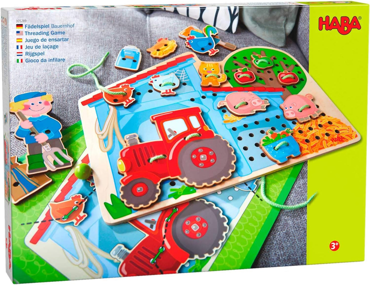 HABA Farm Threading Game with 18 Barn Yard Themed Wooden Tiles and Template Cards
