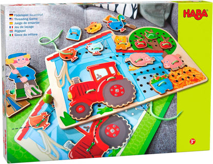 HABA Farm Threading Game with 18 Barn Yard Themed Wooden Tiles and Template Cards
