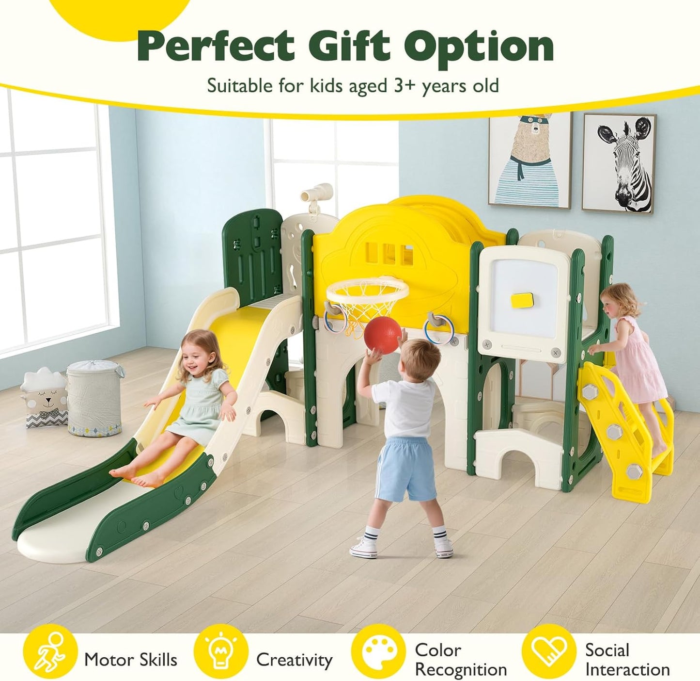 Costzon 10 in 1 Toddler Slide Set, Kids Slide and Climber Playset with Magnetic Whiteboard, Ring Toss, Basketball Hoop, Crawling Tunnel, Long Aisle & Storage, Indoor Playground for Ages 3+ (Blue)
