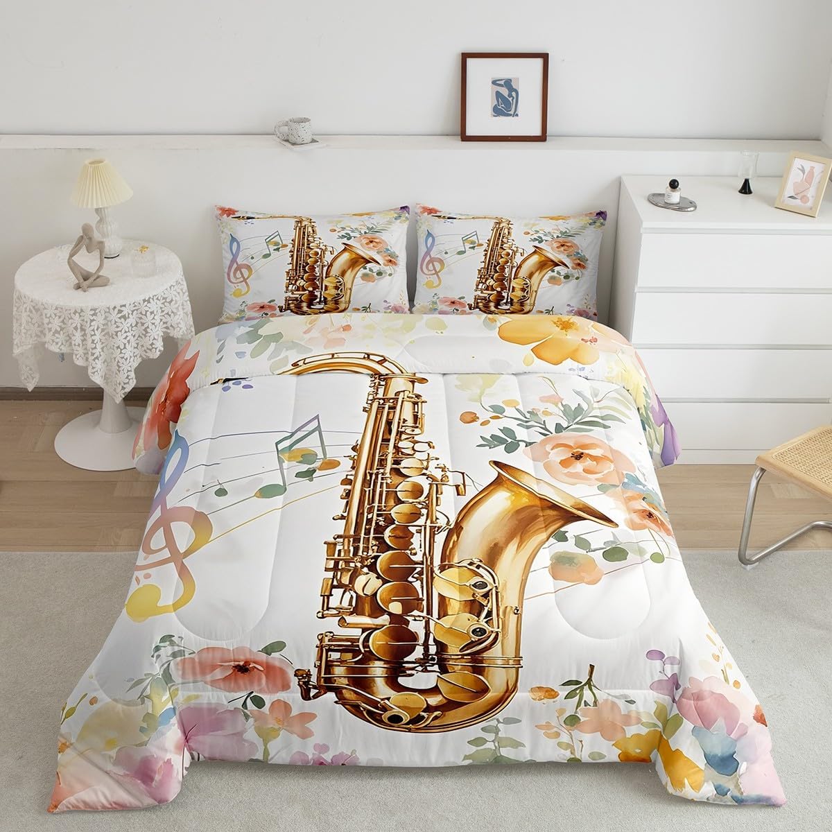Erosebridal Drum Kit 3D Print Kids Comforter Sets Rock Music Themed Full Bedding Set for Boys Girls Musical Pattern Comforter Set,Colorful Retro Style Quilt Duvet 3 Pcs
