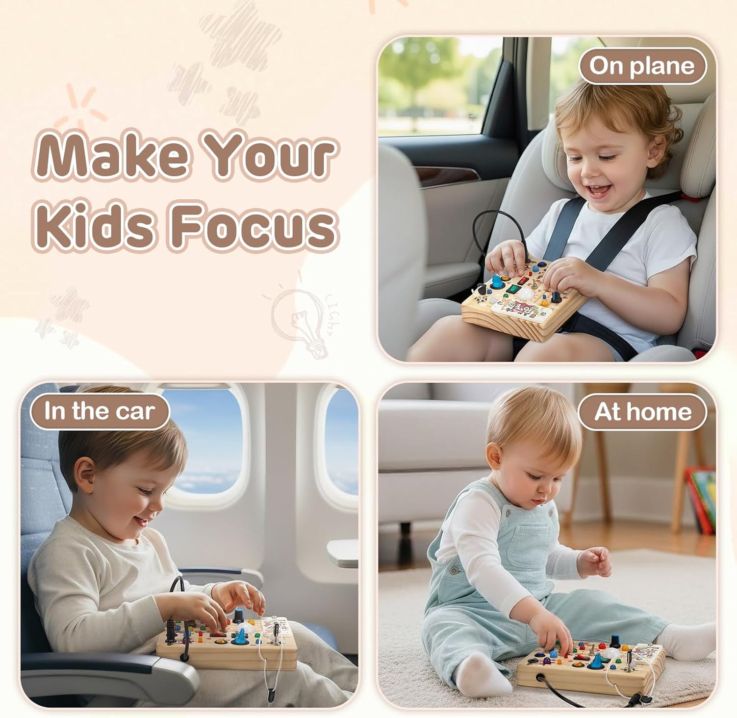 Sanlebi LED Busy Board for Toddlers 1-3,Montessori Toy with Key Switch, Light Up Wood Activity Sensory Board for Fine Motor Skills, Educational Travel Toy Gift for 1 2 3 Year Old Boys Girl