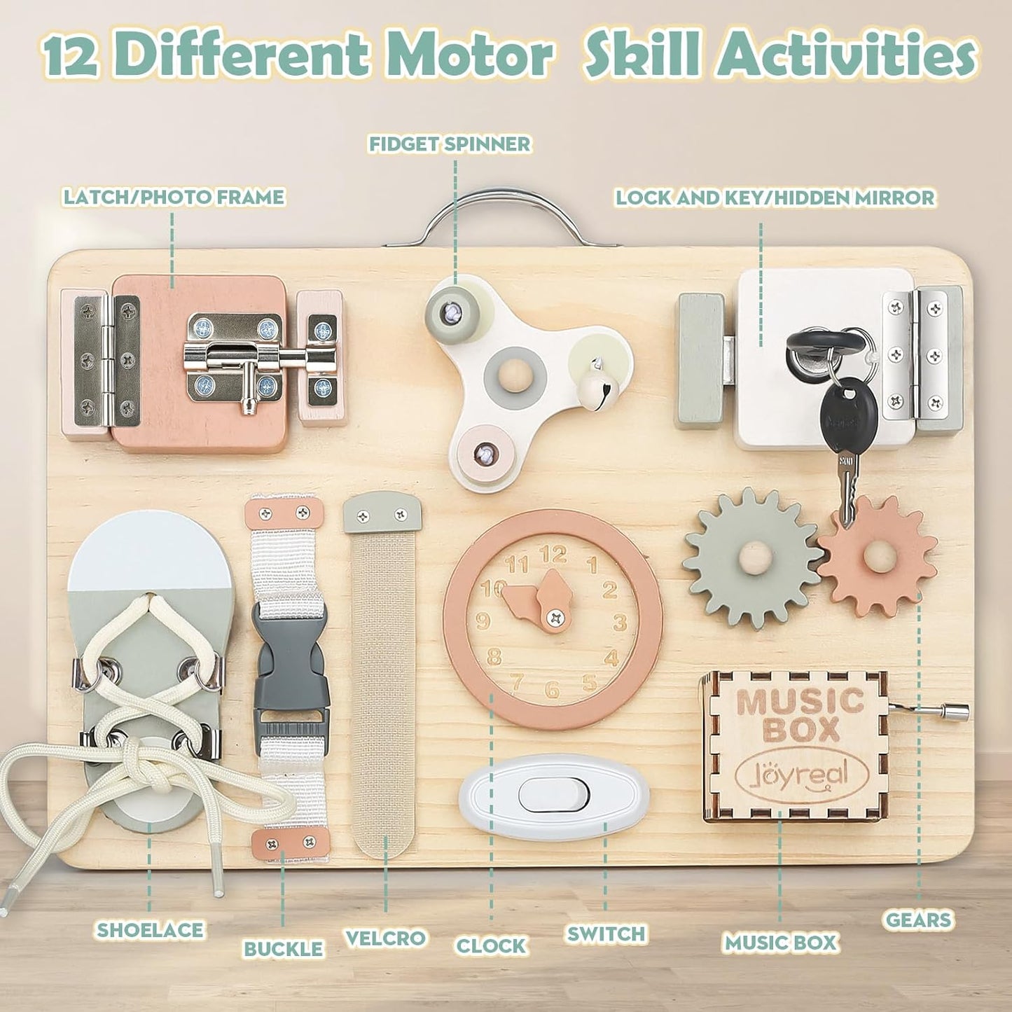 Joyreal Wooden Busy Board for Toddlers, Montessori Toys for 1 2 3 Year Old, Sensory Activity Board with Music Box & 10 Motor Skill Activities, Educational Travel Toys Gift for Boys Girls
