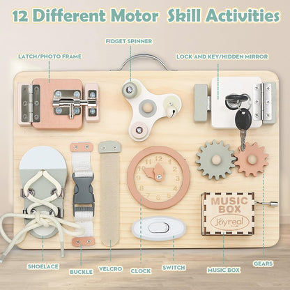 Joyreal Wooden Busy Board for Toddlers, Montessori Toys for 1 2 3 Year Old, Sensory Activity Board with Music Box & 10 Motor Skill Activities, Educational Travel Toys Gift for Boys Girls
