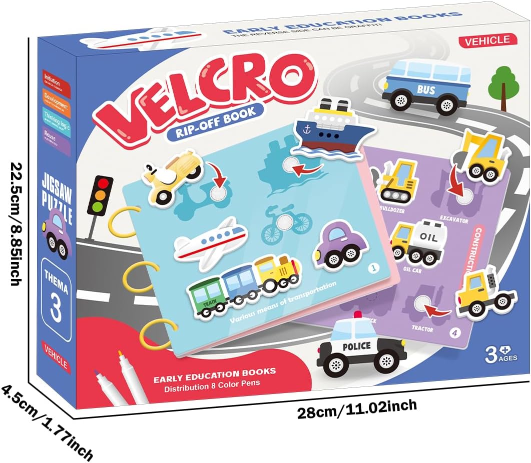 Kids Early Learning Busy Book Activity, Velcro Rip-off Vehicles and Coloring Fill In (Police Car, Fire Truck, Ambulance, Train, Bus, Cars, Boat, Airplane, Construction Trucks, Taxi) With Coloring Pens