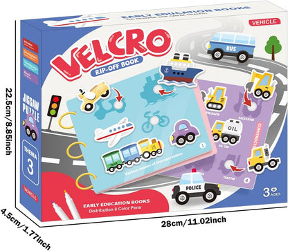 Kids Early Learning Busy Book Activity, Velcro Rip-off Vehicles and Coloring Fill In (Police Car, Fire Truck, Ambulance, Train, Bus, Cars, Boat, Airplane, Construction Trucks, Taxi) With Coloring Pens