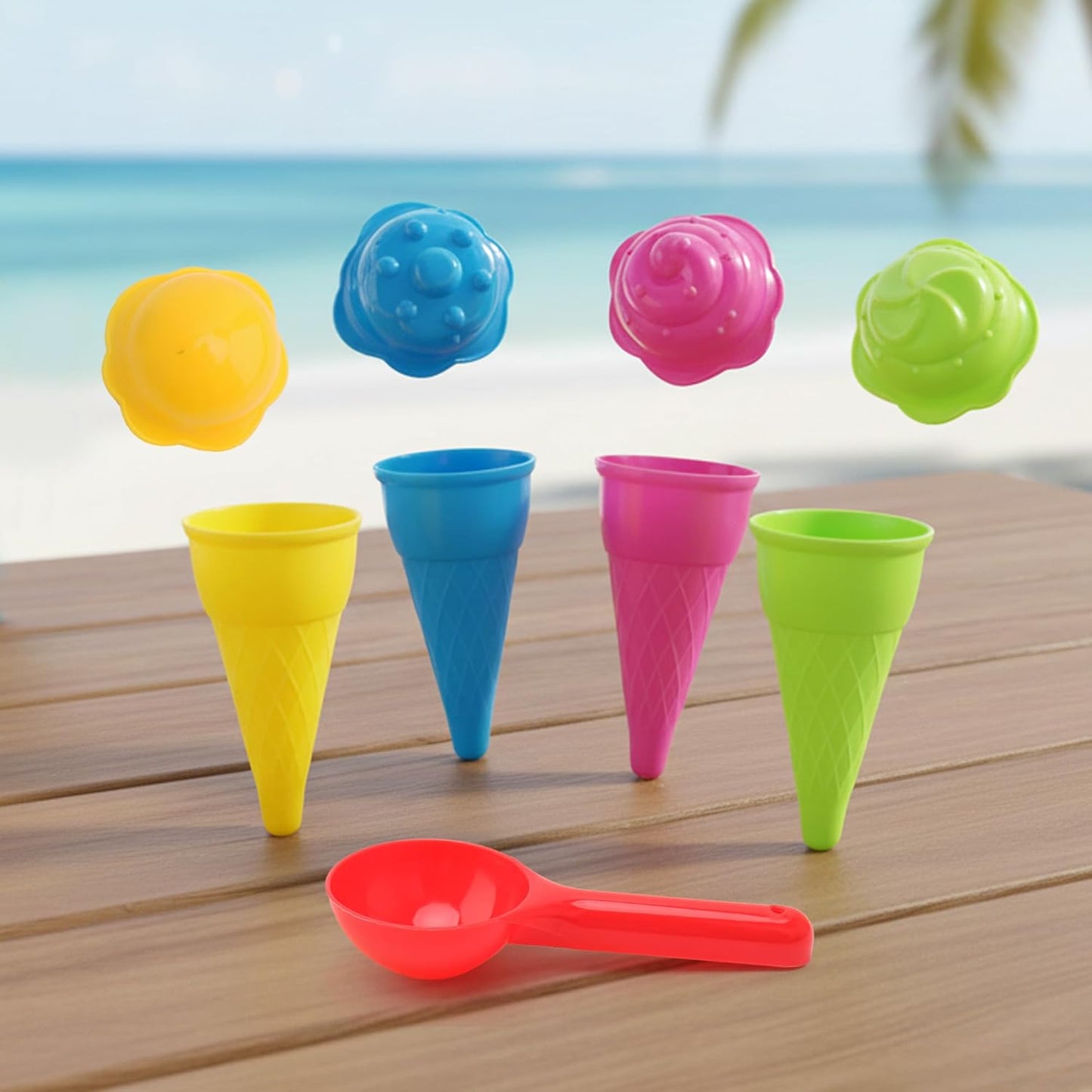 Dough Tools for Kids, 9 Piece Ice Cream Set with 4 Cones, 4 Scoop Molds & Spoon, Modeling Clay Tools, Sand Toys & Sensory Bin Accessories for Toddlers Ages 2-4