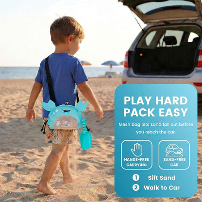 AMOR PRESENT Mesh Baby Beach Bag, Shell Collecting Bag with Shovel Crab-Shaped Adjustable Strap for Holding Shell Sea Pool Sand Toy, Blue