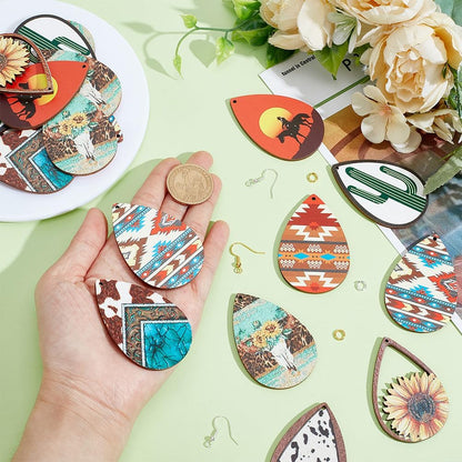 Wooden Dangle Earring Making Kit for Jewelry Making with 48Pcs 8 Western Style Wooden Colorful Pendants Teardrop Charms 48Pcs Earring Hook 100Pcs Jump Rings Gold Silver