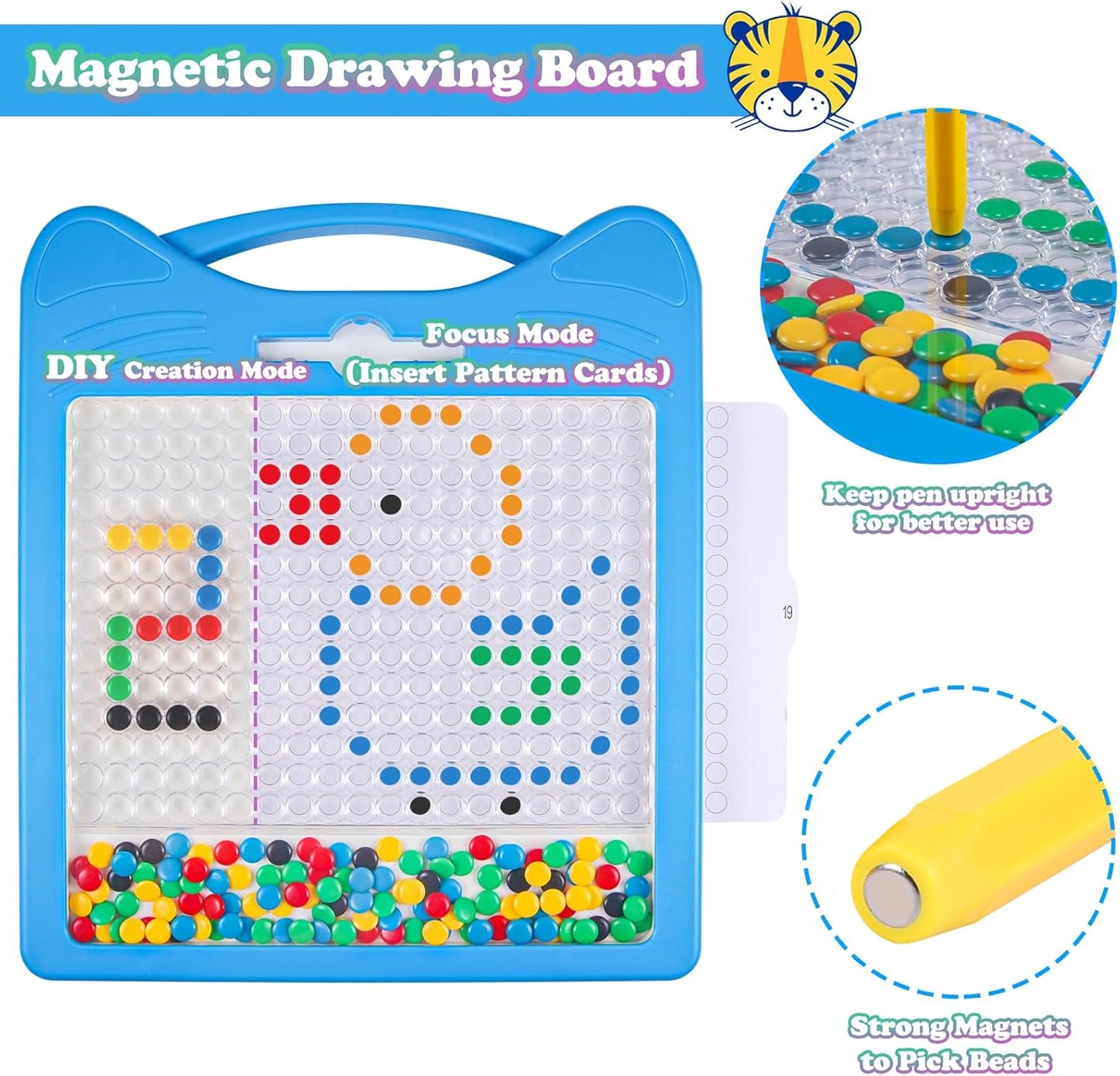 Magnetic Drawing Board for Kids, Toddler Magnet Doodle Board with Beads and 2 Pens, Magnetic Dot Art Toys, Airplane Car Travel Activities (Blue Cat)