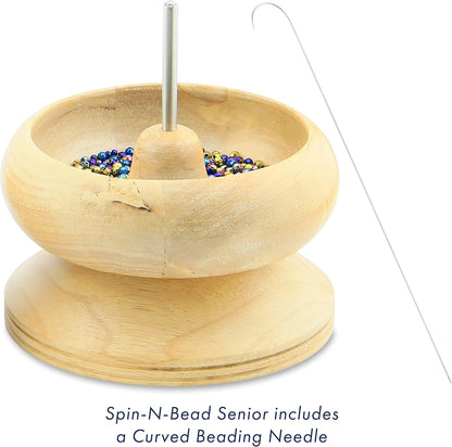 Beadalon Spin N Bead Spinner for Fast Stringing - Ideal for Beaders, Jewelry Makers & Designers - Wood Bowl with Big Eye Needle - Saves Time & Loads Seed Beads Efficiently