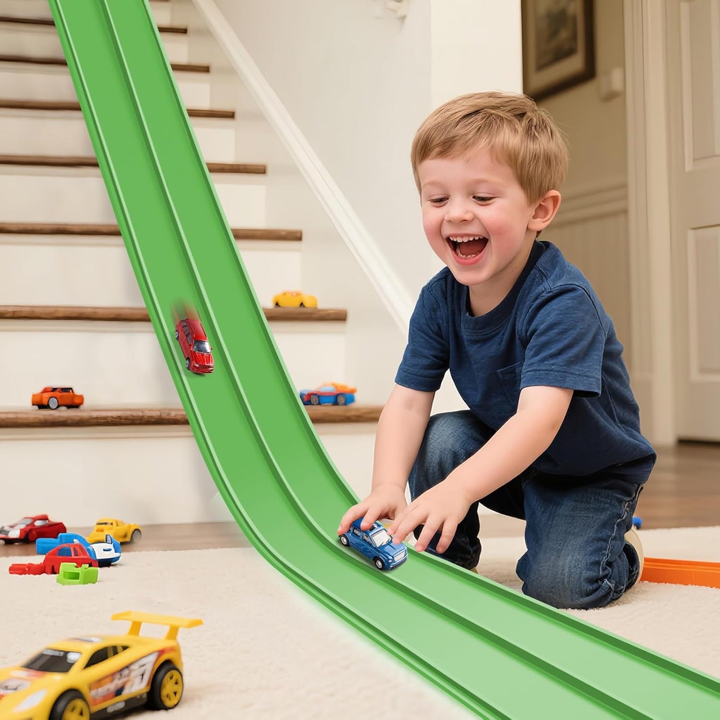 Flex Tracks 15 Ft Starter Set Flexible Race Track for Kids 3+, Flexible Car Track Race Car Ramp Track Compatible with Diecast 1/64th Cars, Portable Rolls Up Race Tracks with Strong Suction Cups