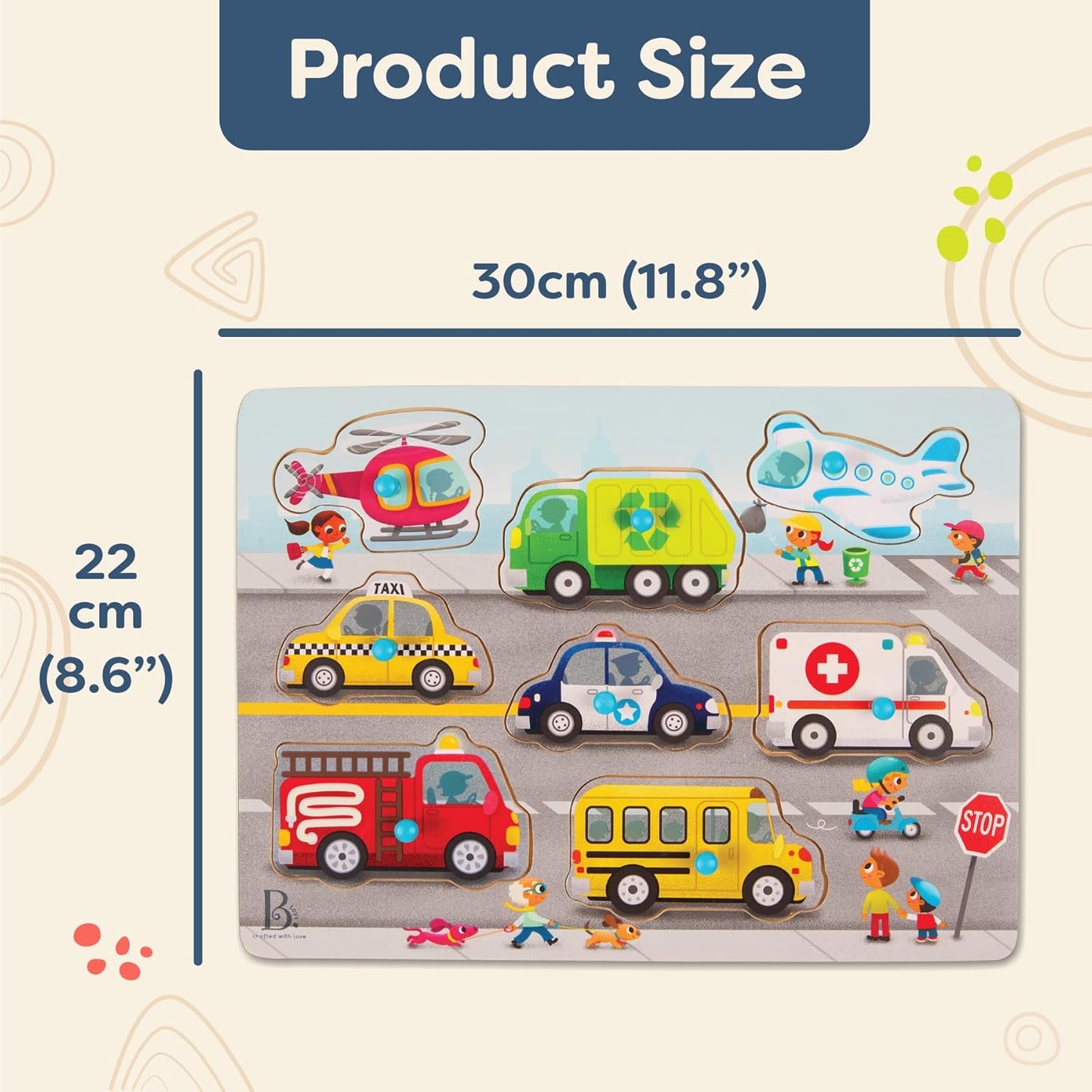 B. toys – Peek & Explore – Vehicles – Wooden Peg Puzzle for Toddlers, Kids – 8 Pieces – Fire Truck, Airplane, Taxi & More – 2+ Years