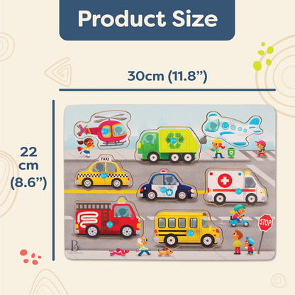 B. toys – Peek & Explore – Vehicles – Wooden Peg Puzzle for Toddlers, Kids – 8 Pieces – Fire Truck, Airplane, Taxi & More – 2+ Years