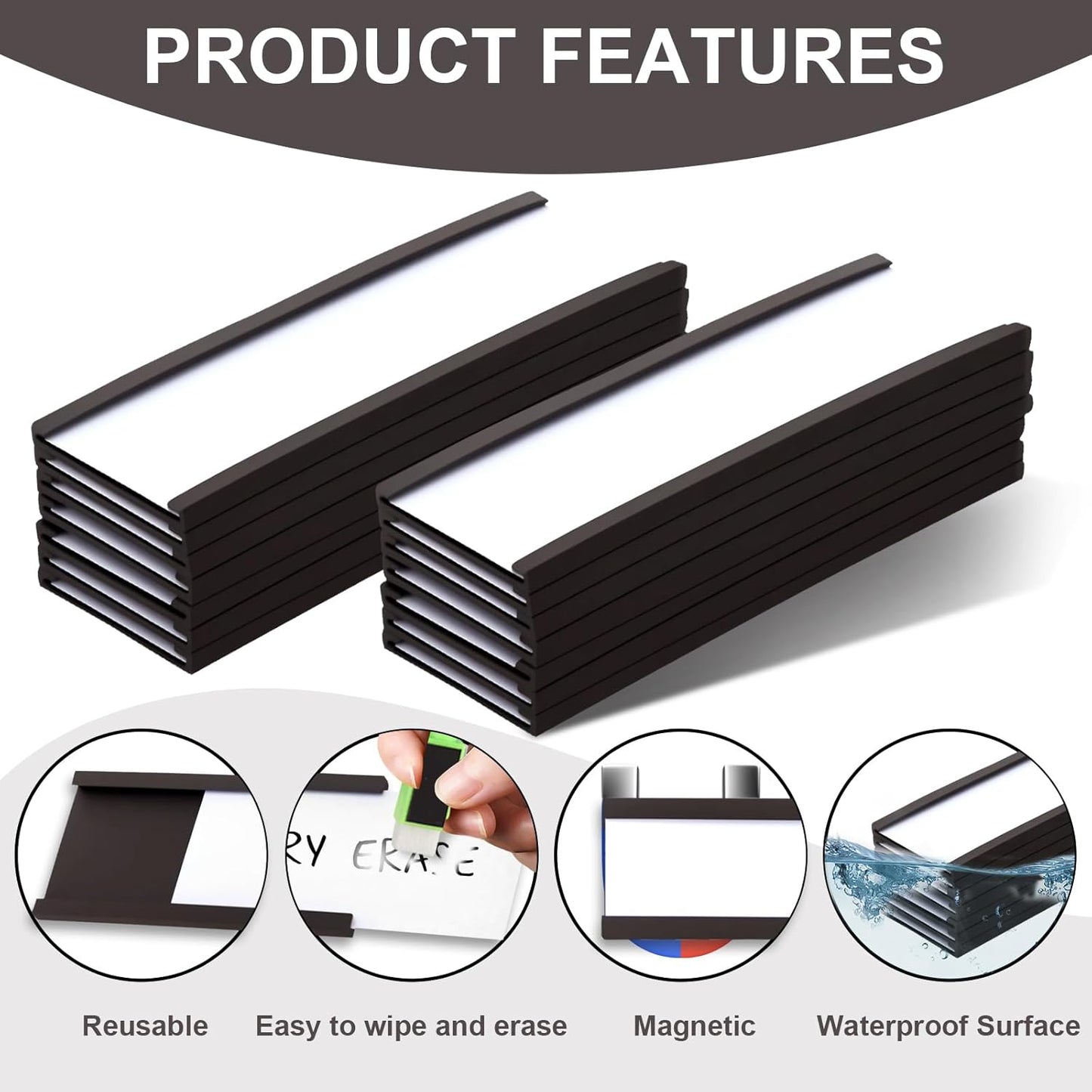 50 Pack Magnetic Label Holders, 'C' Channel Magnets Card Holders with Dry Erase Insert Label Card for Metal Racks and Shelves (1" x 2")