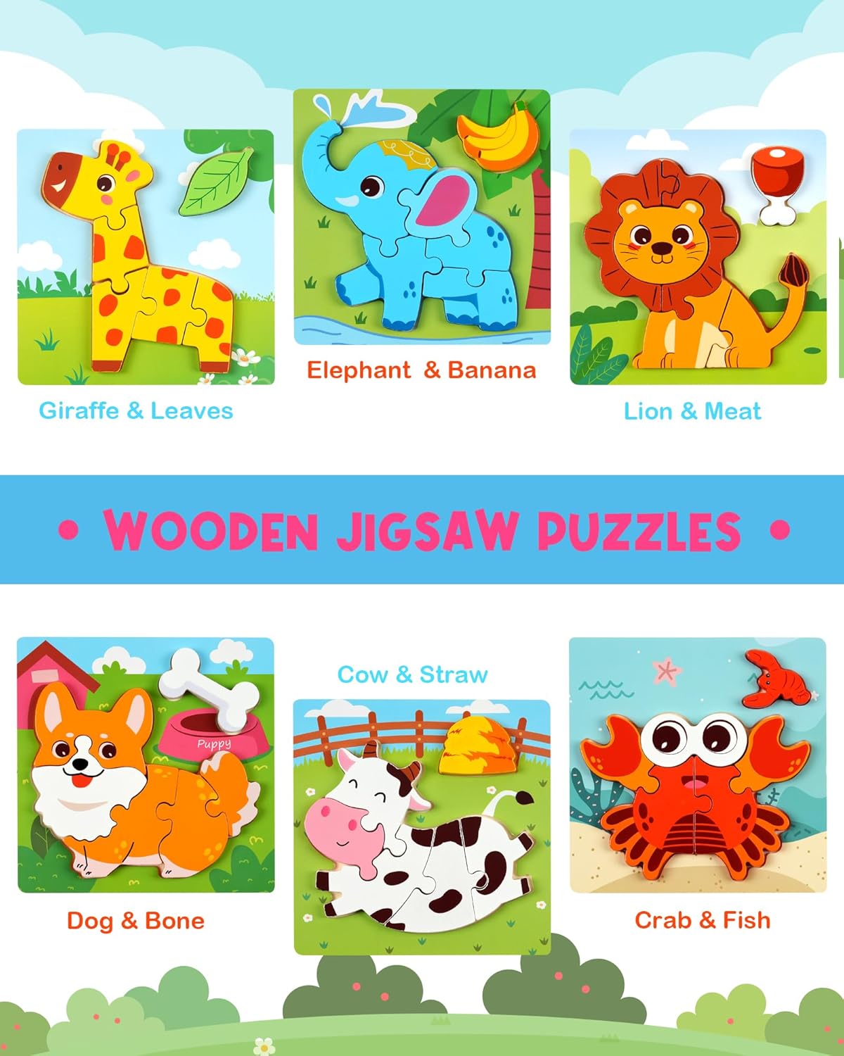 Wooden Puzzles for Toddlers 1-3, 6pcs Animal Jigsaw Puzzles for Toddlers, Montessori Educational Learning Toys for Kids Ages 1-4,Gifts for Boys Girls