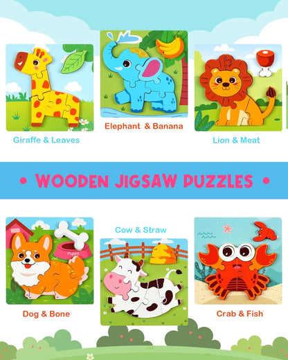 Wooden Puzzles for Toddlers 1-3, 6pcs Animal Jigsaw Puzzles for Toddlers, Montessori Educational Learning Toys for Kids Ages 1-4,Gifts for Boys Girls