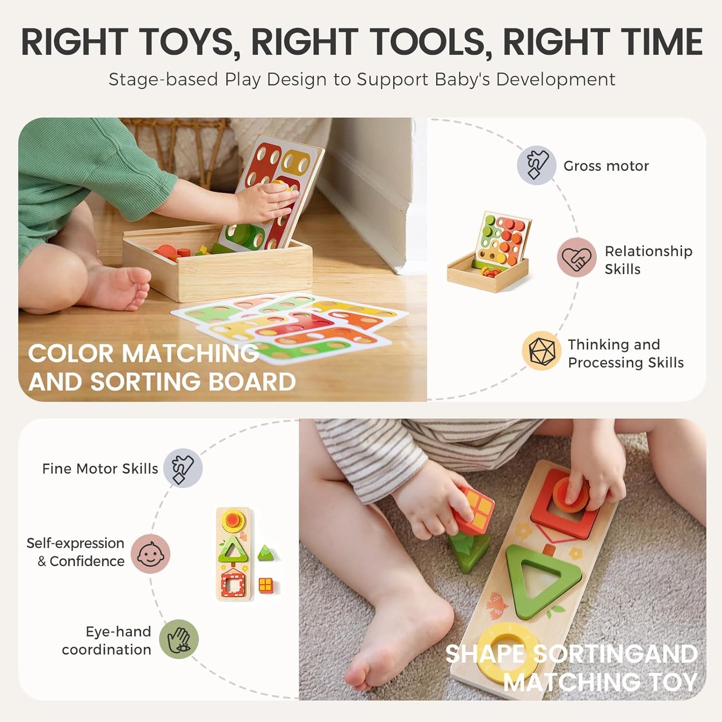 Tiny Land Montessori Toy Set for Babies 7-9 Months Senser Play Kit - 5-in-1 Wooden Learning Toys with Object Permanence Box, Sensory Ball, Stacking Cups and Mirror Puzzle,Body Board Book