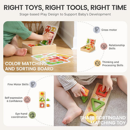 Tiny Land Montessori Toy Set for Babies 7-9 Months Senser Play Kit - 5-in-1 Wooden Learning Toys with Object Permanence Box, Sensory Ball, Stacking Cups and Mirror Puzzle,Body Board Book