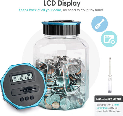X-Large Piggy Bank for Adults Kids, Vcertcpl Digital Coin Counting Bank with LCD Counter, 2.4L Capacity, Great Coin Counter Bank Money Counting Jar with Total Amount Displayed (Silver, X-Large)