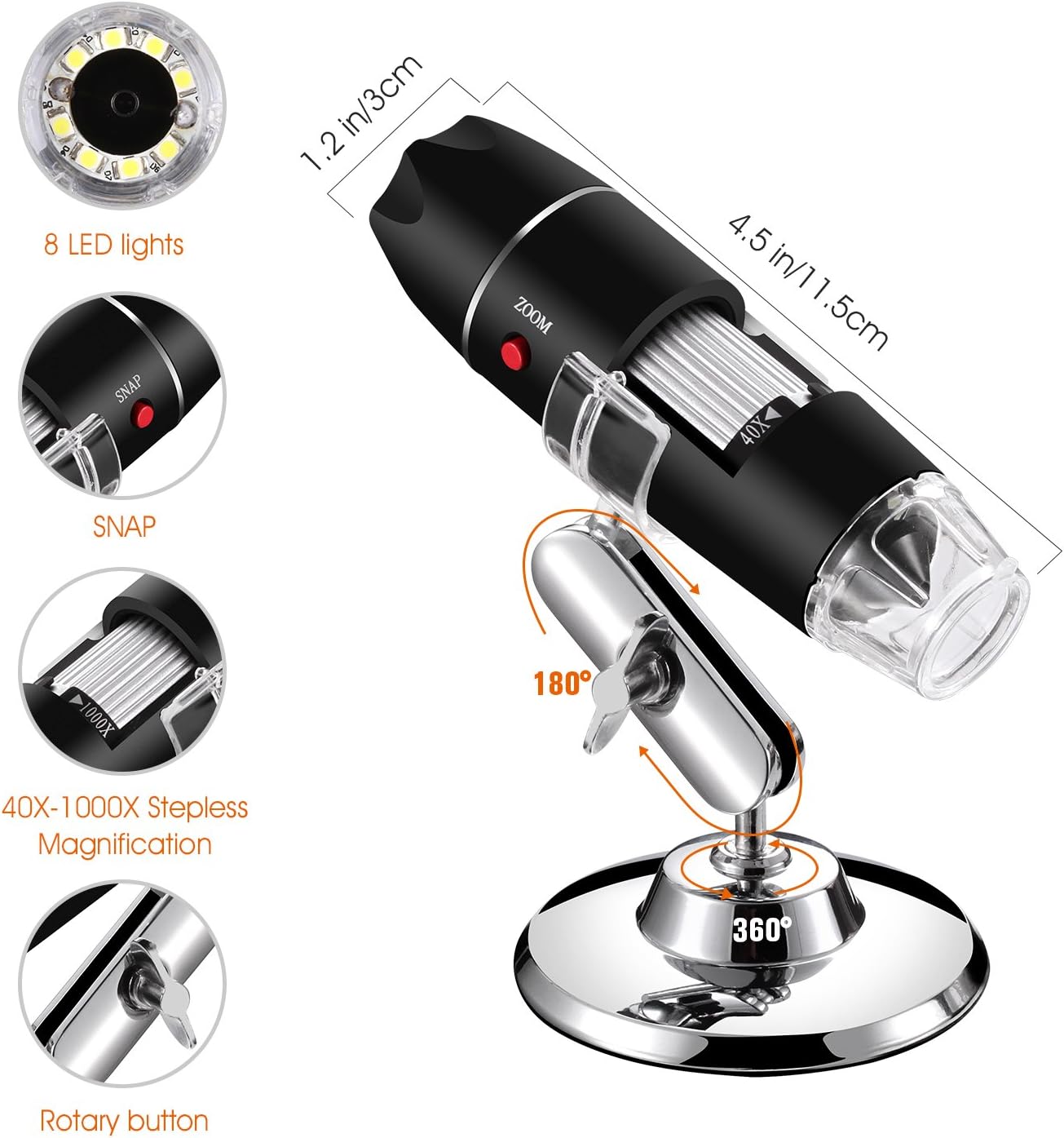 USB Microscope for Android/PC, 40-1000X Magnification Digital Microscope Camera Endoscope with 8 Adjustable LED Lights (Not Compatible with iPhone/iPad)
