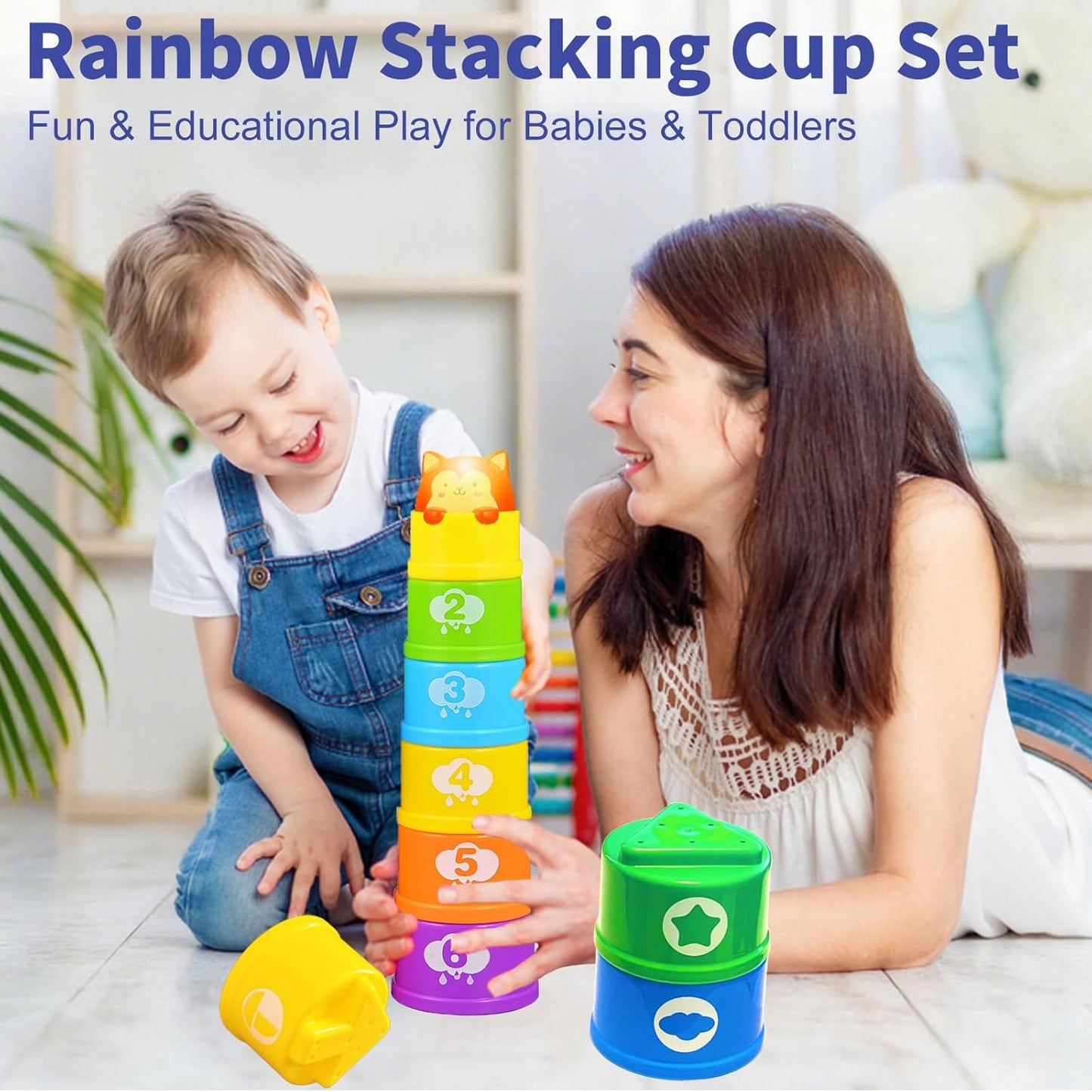 WEEJOYGAM Baby Stacking Cups, Nesting Stacking Toys for Toddlers 1-3 with Light and Sound, Montessori Toys for 1 Year Old Babies 6-12 12-18 Months Easter Gift Color Stack Bath Beach Blocks Rainbow Set
