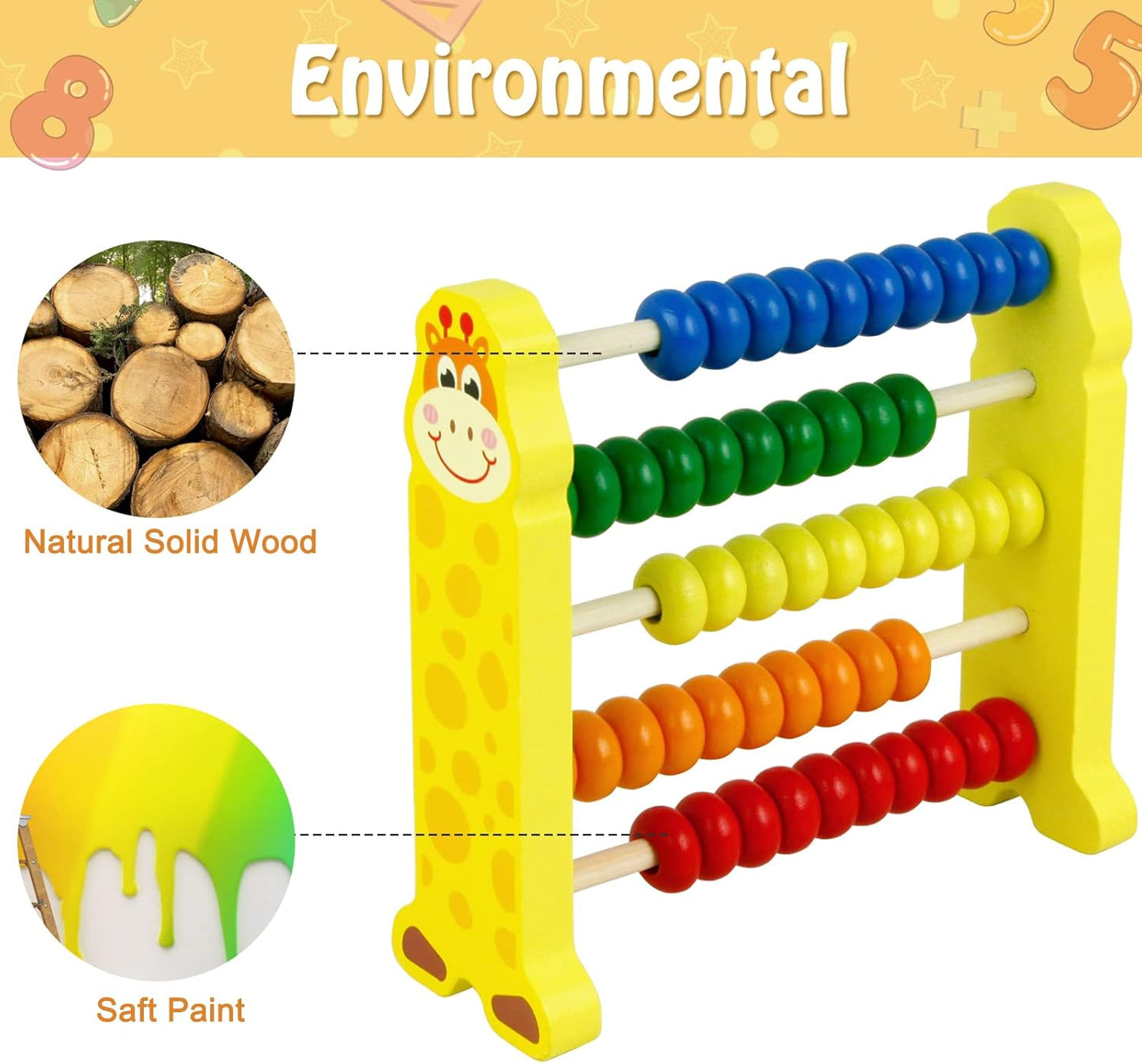 Sealive Wooden Counting Toy - 50 Beads Abacus for Kids Math, Cartoon Giraffe Counters for Kids, Counting Toys for Preschool Learning & Development, Develops Coordination, Motor Skills
