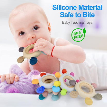 Baby Teething Toys Teething Rings Silicone Teethers for Babies 6-12 Months Baby Rattles & Plush Rings Sensory Toys for Soothing Sore Gums for Newborn Infant Essentials (Animals)