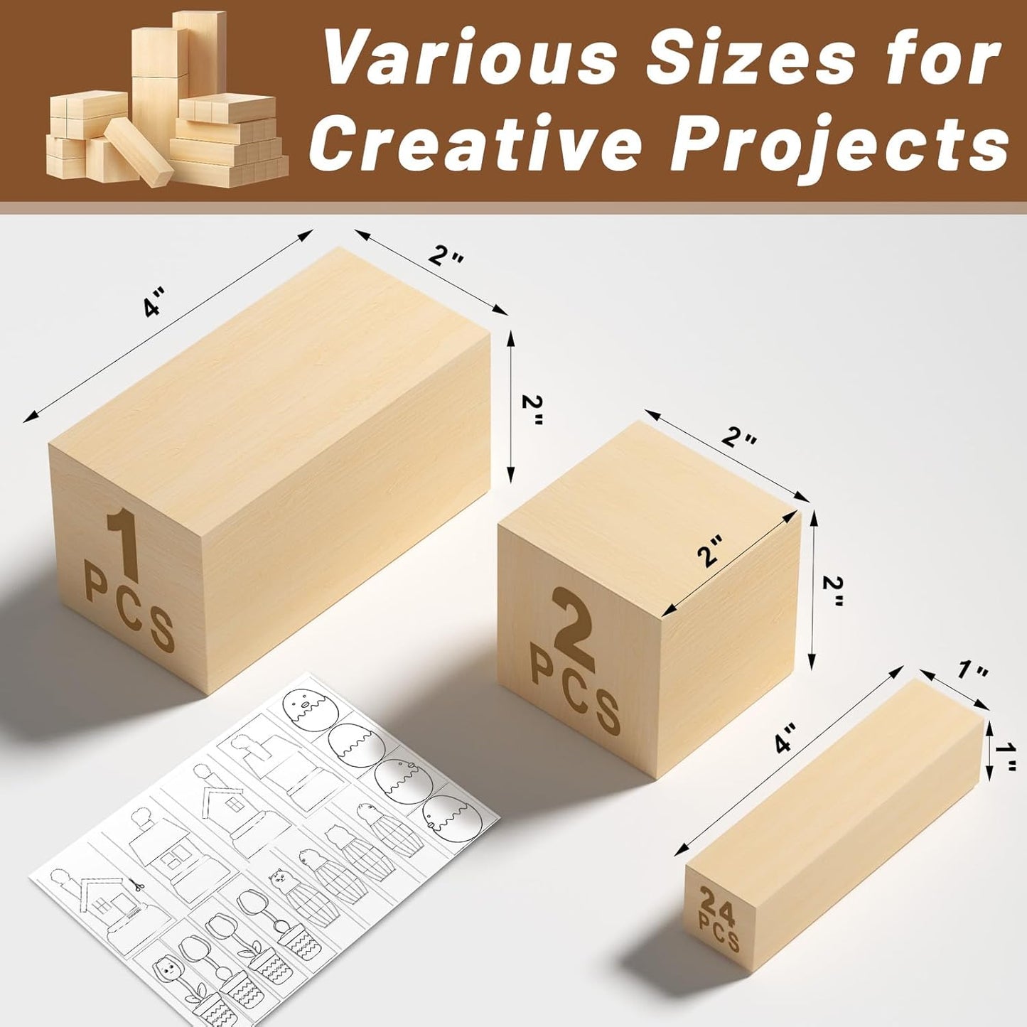 27 Pcs Basswood Carving Blocks, Whittling Wood Carving Kit with 3 Different Sizes and Pattern Sticker, Soft Unfinished Wooden Blocks for Crafts Beginners Adults