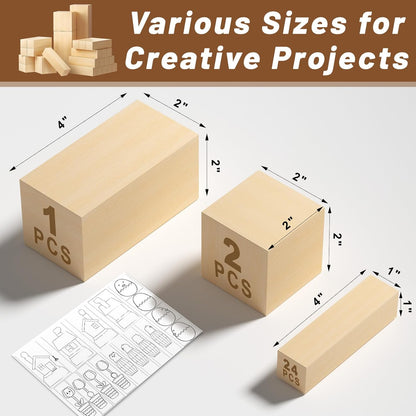 27 Pcs Basswood Carving Blocks, Whittling Wood Carving Kit with 3 Different Sizes and Pattern Sticker, Soft Unfinished Wooden Blocks for Crafts Beginners Adults