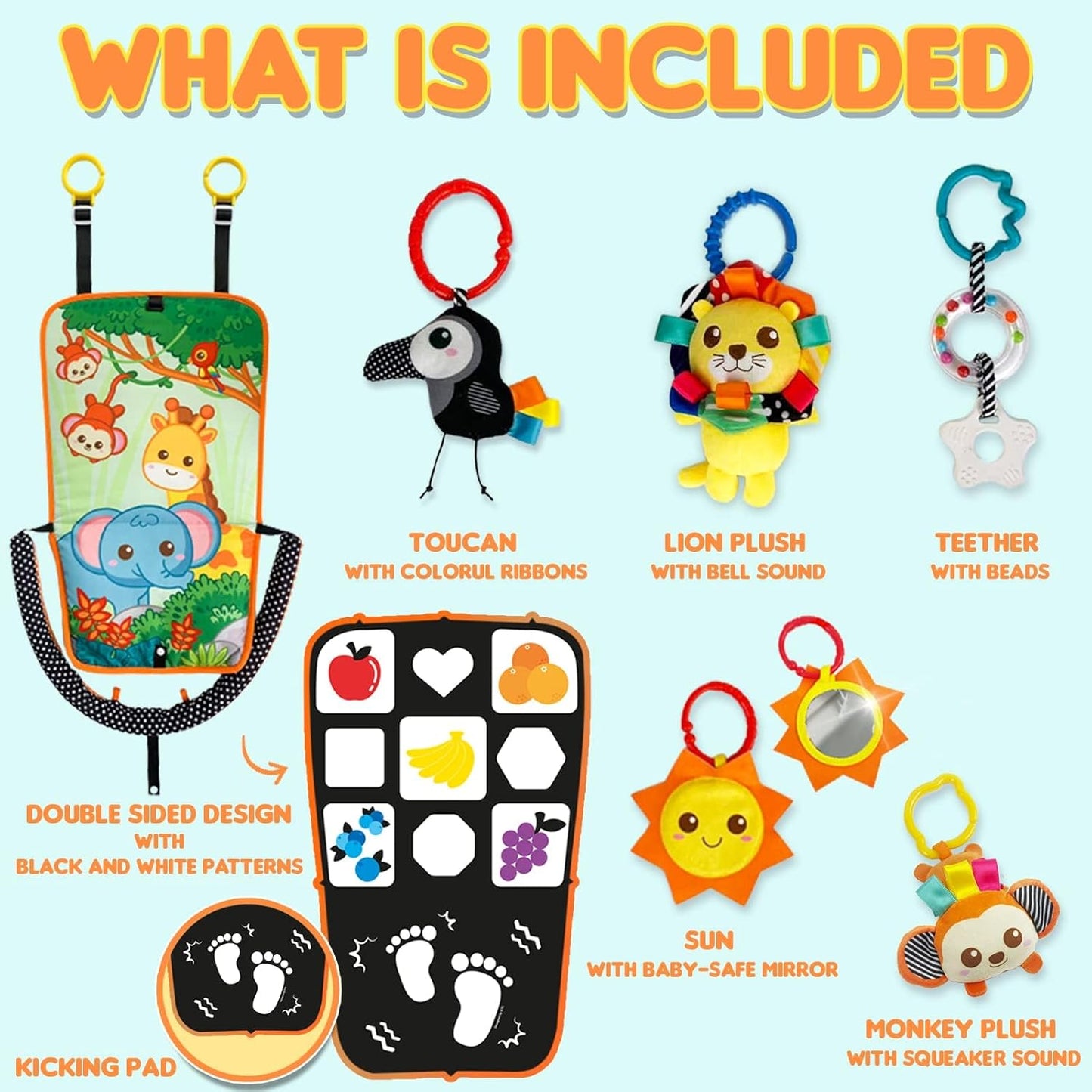 Baby Car Seat Animals Toys - Kick and Play Double Sided Infant Car Seat Toys with Plush Toys, Mirror, Teether for Baby, Babys Travel Activities, Christmas Birthday Gifts Newborn Infant Toys