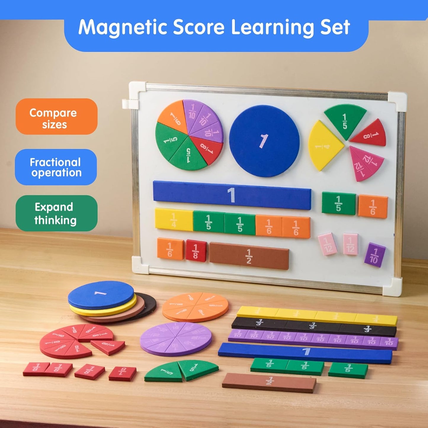 TOMMYHOME Magnetic Fraction Tiles for Kid's Maths Classroom Toys.Standing Teaching aids for Primary classrooms.Help Kids Learn Fractions (R+Rectangular)