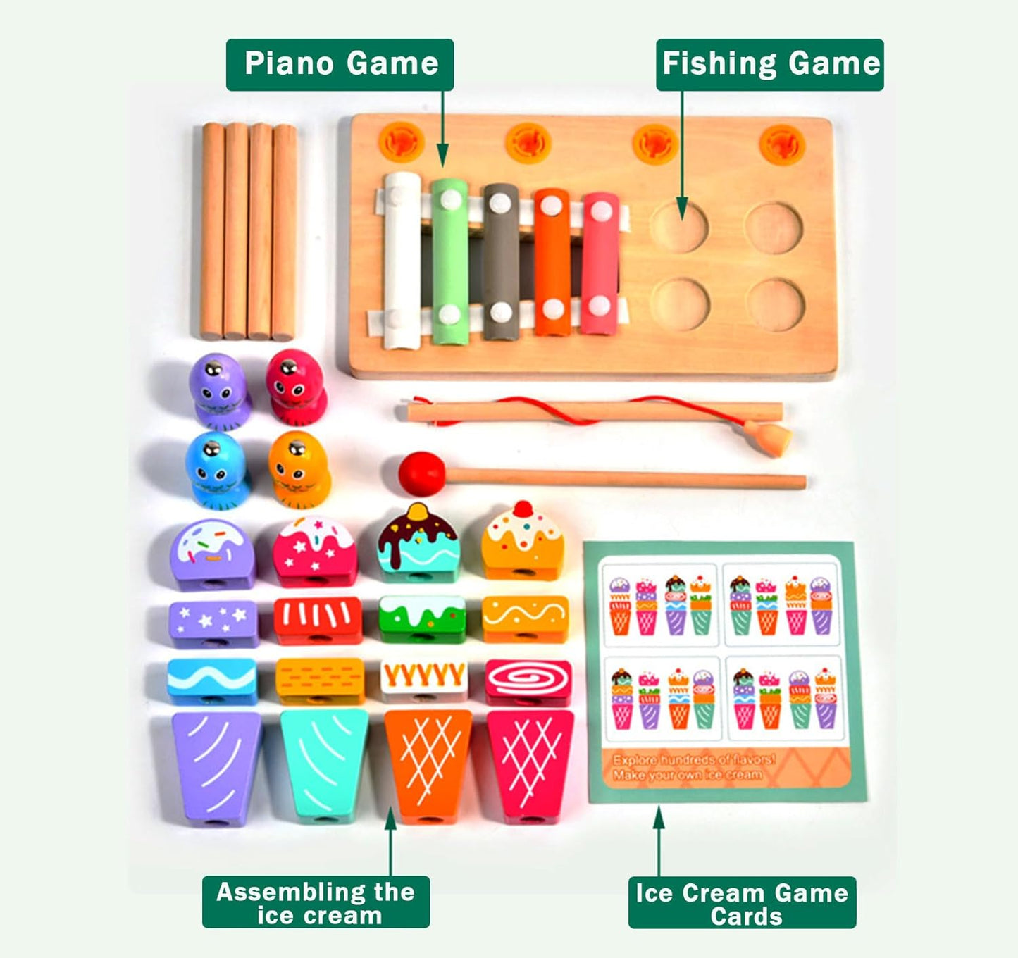 Wooden Montessori Toys for 3 Year Old，Shape Sorter Stacking Games, Fishing Games Preschool Learning Educational Toys for Boys Girls Toddlers (Little Bee)