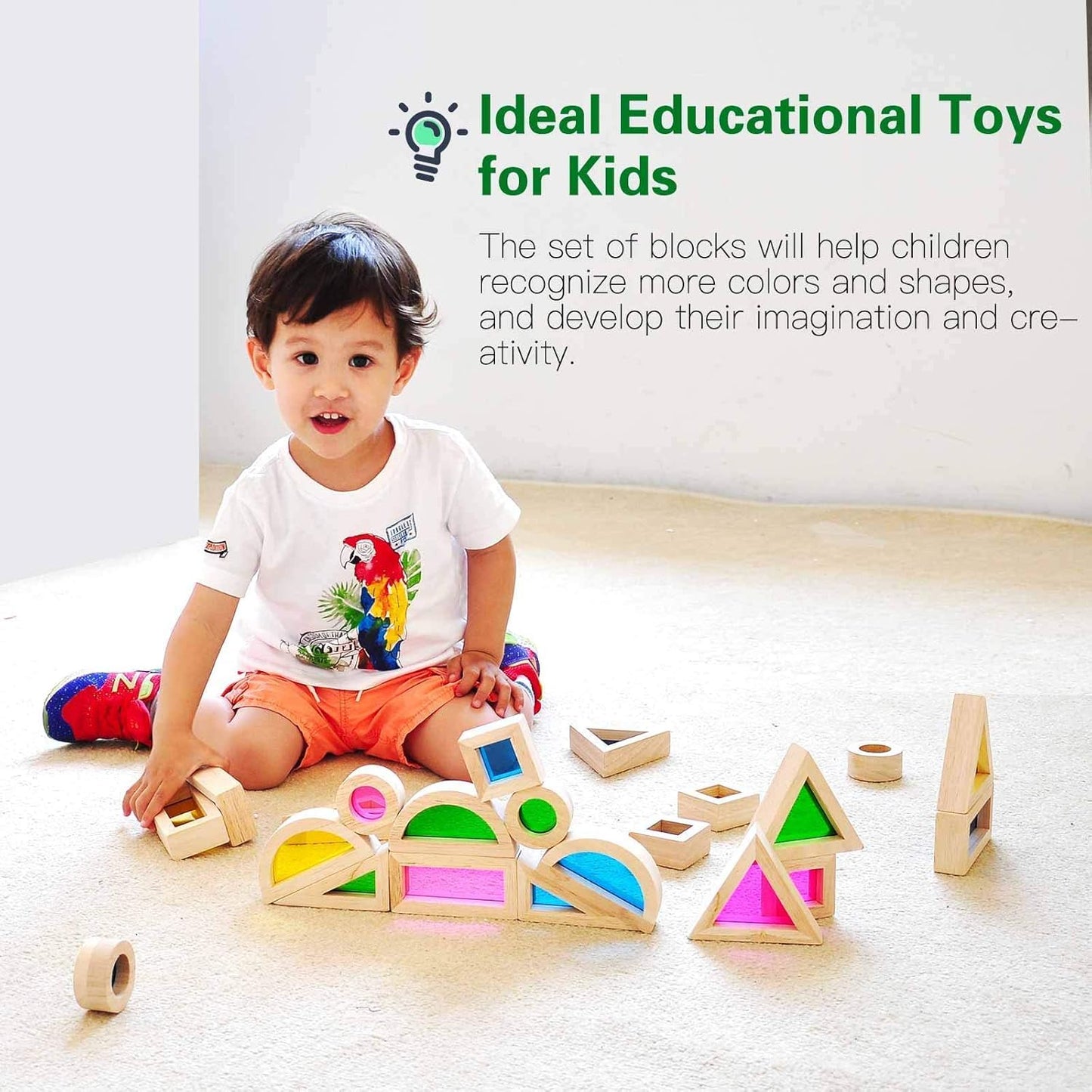 Wood Building Blocks Set 24pcs, Wooden Blocks for Toddlers, Rainbow Sensory Toys, Educational Toys, Preschool Wooden Stacking Toy for Kids