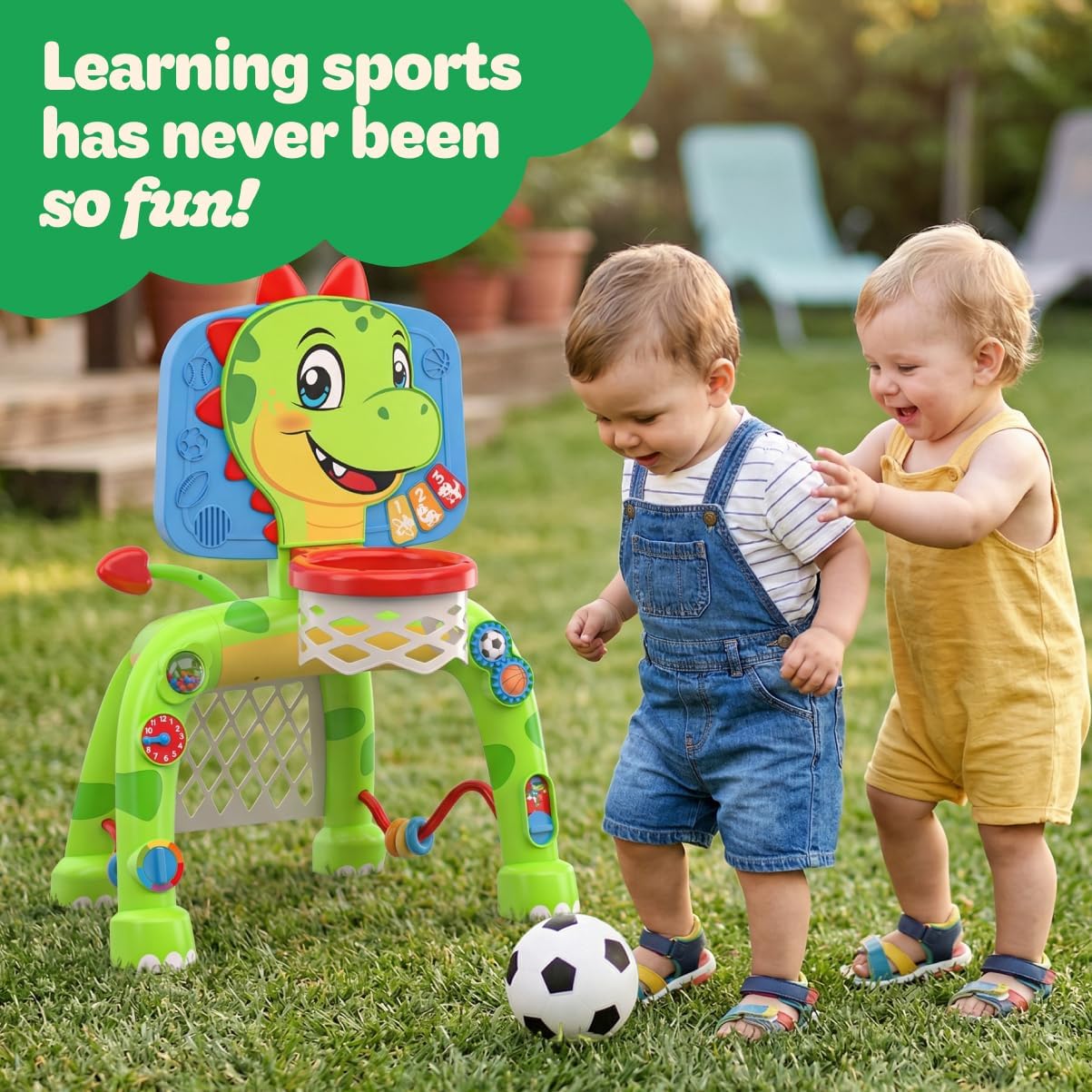 Move2Play, Dinosaur Basketball Hoop & Soccer Goal Activity Center | 30+ Sounds & Songs + 5 Lights | 1 2 3 Year Old for Boys and Girls | Toy & Gift for Baby & Toddlers